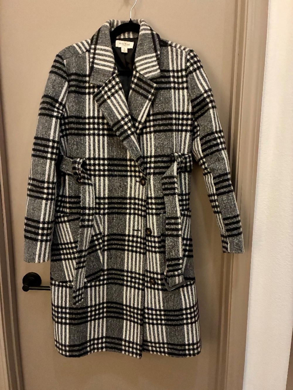 Motherhood Maternity Plaid Belted Peacoat Coat Gray Black White Size